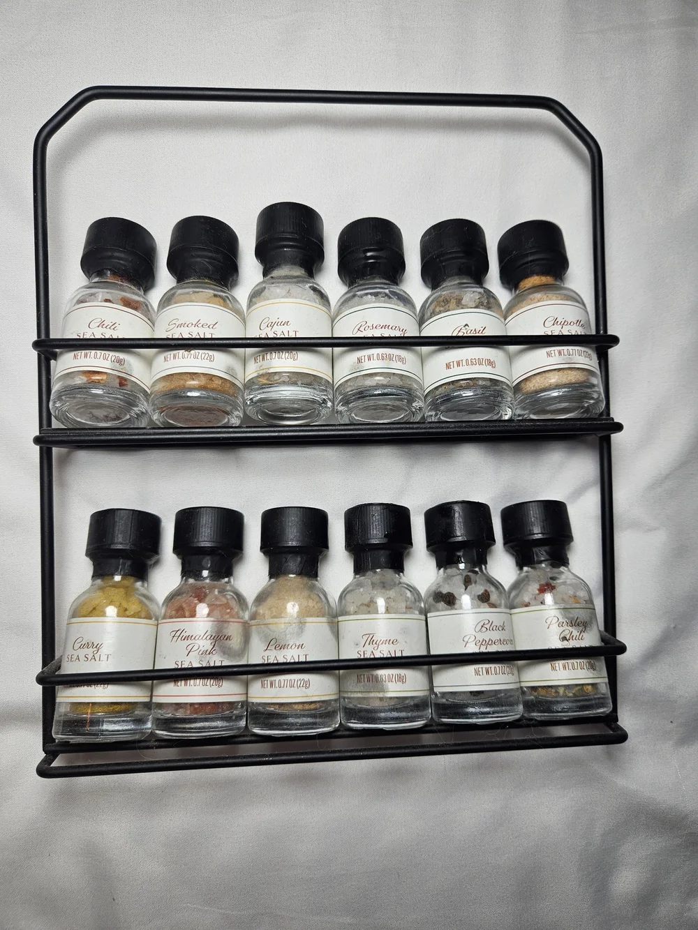 Black Metal Rack With Spiced Sea Salt with Clear Glass Jars